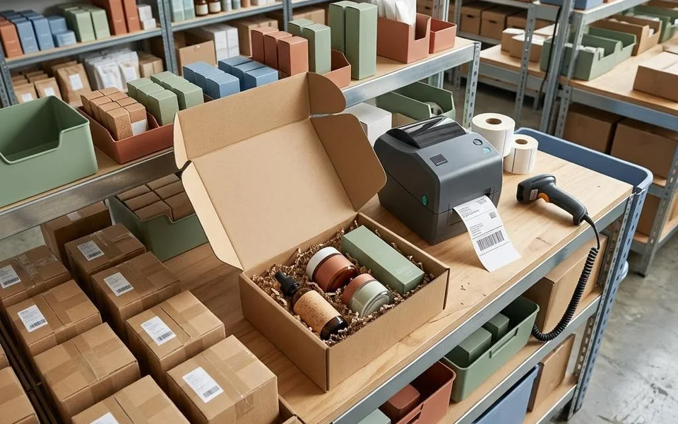 Online retail packing station with products and parcels