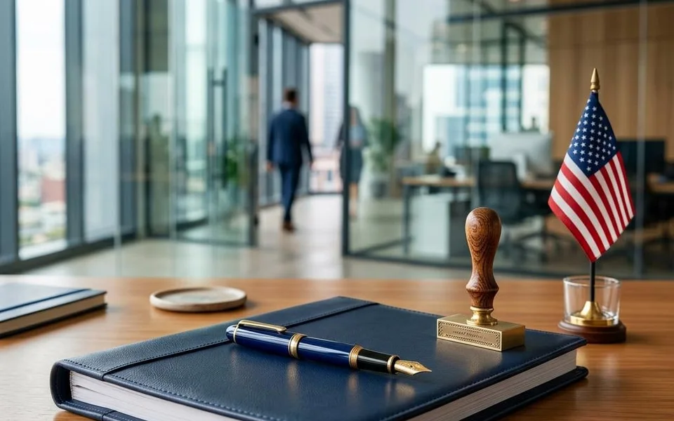 Company formation documents, pen and business stamp