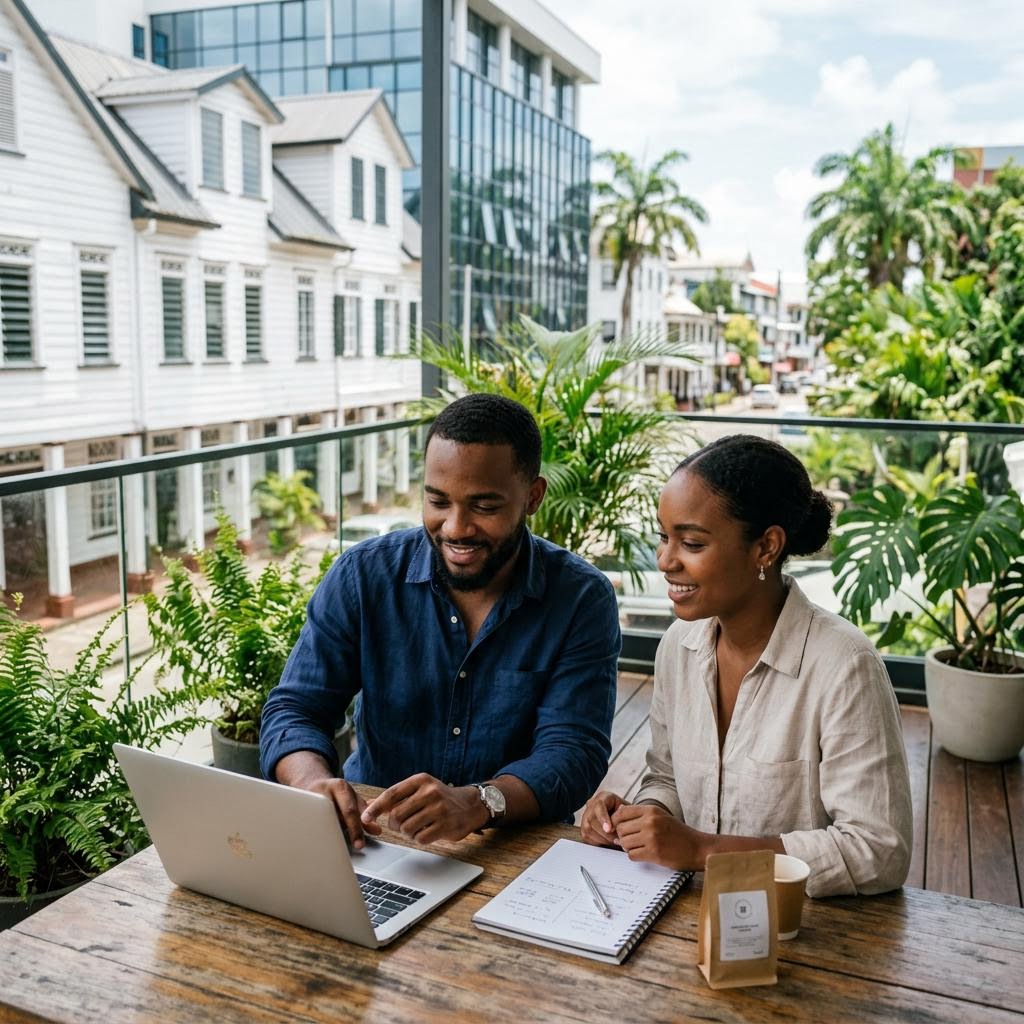 Entrepreneurs collaborating on a laptop in a tropical Paramaribo workspace